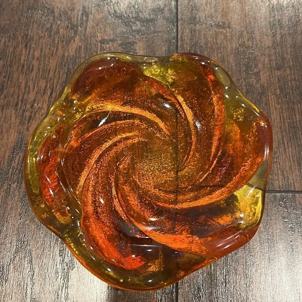 Vintage‎ MCM Amberina Swirl Art Glass Ashtray Candy Trinket Dish